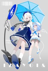 Rule 34 | 2girls, absurdres, aibivy, alternate costume, alternate hair color, arm behind back, backpack, bag, barcode, bat wings, black footwear, black scarf, blue eyes, blue footwear, blue hair, blue nails, blue neckwear, blue scarf, blue skirt, blue umbrella, blurry, blush, censored, censored text, character name, clock print, contemporary, demon tail, fingernails, fisheye, full body, gradient scarf, grey background, hand on another&#039;s shoulder, happy, hat, highres, holding, holding umbrella, izayoi sakuya, kanji, knees, light blue hair, long sleeves, looking at another, looking down, looking up, maid headdress, mini wings, miniskirt, multiple girls, nail polish, perspective, pleated skirt, red eyes, remilia scarlet, road sign, sailor collar, scarf, school hat, school uniform, serafuku, shirt, shirt tucked in, shoes, short hair, sign, single stripe, skirt, smile, socks, static, striped legwear, tail, text focus, touhou, umbrella, white hair, white hat, white legwear, white shirt, wings