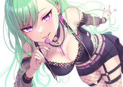 Rule 34 | 1girl, asymmetrical legwear, breasts, candy, choker, detached sleeves, earrings, fishnet pantyhose, fishnets, food, green hair, highres, holding, holding candy, holding food, holding lollipop, jewelry, kiiro (cocoa080), leaning forward, lollipop, long hair, medium breasts, mole, mole on breast, necklace, pantyhose, purple eyes, see-through, see-through sleeves, shorts, simple background, solo, thigh strap, tongue, tongue out, tsurime, virtual youtuber, vspo!, white background, yakumo beni, yakumo beni (1st costume)
