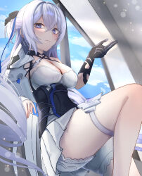 Rule 34 | 1girl, aged up, armor, bare shoulders, black gloves, blue sky, blush, breasts, bronya zaychik, bronya zaychik (silverwing: n-ex), cleavage, closed mouth, cloud, cloudy sky, dappled sunlight, dress, drill hair, gloves, grey eyes, grey hair, hair between eyes, hair ornament, highres, honkai (series), honkai impact 3rd, large breasts, long hair, looking at viewer, pauldrons, shorts, shoulder armor, single glove, single pauldron, single sleeve, single thighhigh, sky, sleeveless, sleeveless dress, smile, solo, sunlight, thighhighs, twin drills, very long hair, white dress, white shorts, white sleeves, window