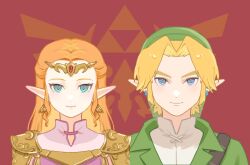 Rule 34 | 1boy, 1girl, aqua eyes, armor, blonde hair, blue eyes, chinese commentary, circlet, commentary request, drill hair, drill sidelocks, earrings, green headwear, green tunic, hat, jewelry, link, long hair, nintendo, orange hair, pointy ears, princess zelda, red background, shoulder armor, sidelocks, smile, the legend of zelda, the legend of zelda: ocarina of time, triforce, triforce earrings, v-shaped eyebrows, yun (dl2n5c7kbh8ihcx)