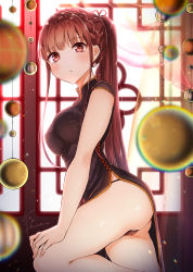 Rule 34 | 1girl, ass, black panties, blush, braid, breasts, china dress, chinese clothes, dress, earrings, french braid, girls&#039; frontline, highres, jewelry, kodama (koda mat), large breasts, light particles, long hair, looking at viewer, panties, pelvic curtain, ponytail, purple hair, red eyes, sidelocks, signature, solo, thighs, underwear, very long hair, wa2000 (girls&#039; frontline)