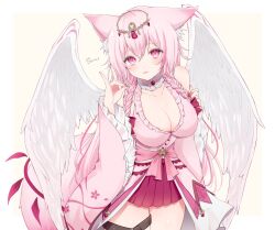 1girl angel_wings animal_ears artist_name bare_shoulders braid breasts cat_ears cat_girl cherry_blossom_print cleavage commission detached_sleeves diadem final_fantasy final_fantasy_xiv floral_print fox_shadow_puppet highres leg_belt looking_at_viewer miqo&#039;te pink_hair red_eyes red_skirt robe sakuramon sana_(sanamaru_0w0) skeb_commission skirt solo thigh_strap twin_braids warrior_of_light_(ff14) white_background wide_sleeves wings