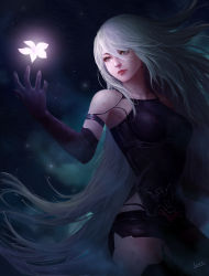 Rule 34 | 1girl, absurdres, android, armlet, artist name, black gloves, black shorts, blue eyes, commentary, elbow gloves, flower, gloves, glowing, glowing flower, highres, joints, lewiz ren, mole, mole under mouth, nier (series), nier:automata, night, night sky, robot joints, short shorts, shorts, signature, silver hair, sky, solo, tank top, a2 (nier:automata)