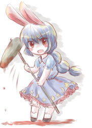 Rule 34 | 1girl, ambiguous red liquid, animal ears, bad id, bad pixiv id, blood, blood on clothes, blue dress, blue hair, blue skirt, blush, braid, chibi, commentary request, dress, fang, frilled dress, frilled skirt, frills, hammer, kine, legacy of lunatic kingdom, long hair, looking at viewer, mallet, multi-tied hair, open mouth, rabbit ears, red eyes, satorichan, seiran (touhou), short sleeves, simple background, single braid, skirt, socks, solo, star (symbol), star print, touhou, very long hair, white background