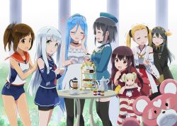 Rule 34 | 6+girls, :3, = =, aoki hagane no arpeggio, bespectacled, black hair, blonde hair, blue hair, brown eyes, brown hair, cake, character doll, choker, closed eyes, cosplay, costume switch, crossover, cup, detached sleeves, food, glasses, gotyou, gradient background, green eyes, hairband, haruna (aoki hagane no arpeggio), haruna (aoki hagane no arpeggio) (cosplay), haruna (kancolle), haruna (kancolle) (cosplay), hat, heart, i-401 (aoki hagane no arpeggio), i-401 (kancolle), iona (aoki hagane no arpeggio), jam, japanese clothes, kantai collection, kirishima (aoki hagane no arpeggio), kongou (aoki hagane no arpeggio), looking at viewer, maya (aoki hagane no arpeggio), multiple girls, name connection, nontraditional miko, open mouth, pantyhose, ponytail, red eyes, school swimsuit, sleeves past wrists, strawberry shortcake, striped background, striped clothes, striped legwear, striped pantyhose, sweatdrop, swimsuit, swimsuit under clothes, takao (aoki hagane no arpeggio), takao (kancolle), teacup, teapot, tears, thighhighs, tiered tray, trembling, twintails, wide sleeves, yotarou (aoki hagane no arpeggio)