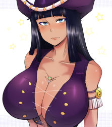 Rule 34 | 1boy, 1girl, between breasts, black hair, blunt bangs, blush, breasts, cleavage, cowboy hat, expressionless, green hair, hat, large breasts, looking at viewer, mini person, miniboy, nico robin, nico robin (alabasta), one piece, person between breasts, pinkkoffin, roronoa zoro, shiny skin, size difference