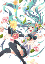 Rule 34 | 1girl, absurdres, aqua hair, detached sleeves, closed eyes, flower, hatsune miku, headset, highres, kozakura (dictionary), long hair, necktie, open mouth, petals, skirt, solo, thighhighs, twintails, very long hair, vocaloid, white background