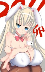 Rule 34 | 1girl, 2011, animal ears, bare shoulders, blonde hair, blue eyes, breasts, bunny girl, chinese zodiac, huge breasts, long hair, naughty face, new year, oedo x, pantyhose, pixiv thumbnail, rabbit (chinese zodiac), rabbit ears, resized, sagging breasts, simple background, sitting, solo, white background, white hair