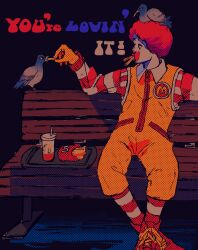 Rule 34 | 1boy, bench, bird, black background, clown, crossed ankles, cup, disposable cup, drinking straw, english text, feeding, food, food in mouth, french fries, gloves, halftone, highres, holding, holding food, jumpsuit, looking to the side, mago oowarawa, male focus, mcdonald&#039;s, on bench, park bench, pigeon, red hair, red shirt, ronald mcdonald, shirt, sitting, sleeveless jumpsuit, solo, striped clothes, striped shirt, tray, yellow gloves, yellow jumpsuit