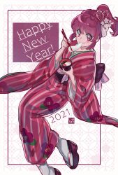 Rule 34 | 1girl, 2021, absurdres, aino megumi, chopsticks, closed mouth, eating, floral print, hair between eyes, hair ornament, happinesscharge precure!, happy new year, highres, holding, holding chopsticks, japanese clothes, kimono, long hair, long sleeves, new year, ponytail, precure, print kimono, red eyes, red hair, red kimono, shipu (gassyumaron), smile, solo, striped clothes, striped kimono, tabi, vertical-striped clothes, vertical-striped kimono, white legwear, wide sleeves, yukata
