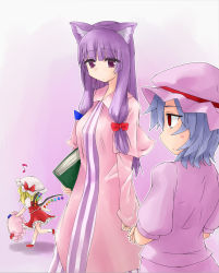 3692materia 3girls animal_ears book cat_ears flandre_scarlet hair_ribbon hat unworn_hat unworn_headwear highres holding holding_book jitome kemonomimi_mode long_hair multiple_girls musical_note patchouli_knowledge purple_hair remilia_scarlet ribbon touhou