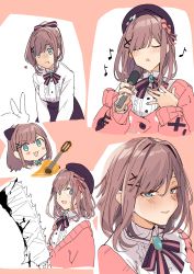 Rule 34 | 1girl, animal, black bow, black skirt, blue eyes, bow, breasts, brooch, brown background, brown hair, cardigan, center frills, collared shirt, commentary request, drooling, eighth note, eyebrows hidden by hair, frills, guitar, hair ornament, hair over one eye, hairclip, highres, holding, holding microphone, instrument, jewelry, medium breasts, microphone, multiple views, music, musical note, nijisanji, off shoulder, open cardigan, open clothes, pink cardigan, rabbit, saliva, shirt, singing, skirt, striped, striped bow, suzuhara lulu, two-tone background, uno ryoku, virtual youtuber, white background, white shirt, x hair ornament