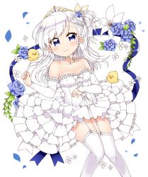 Rule 34 | 1girl, arato asato, azur lane, bare shoulders, belfast (azur lane), bird, blue eyes, blue ribbon, blush, braid, breasts, bridal gauntlets, bride, chick, collarbone, commentary request, diadem, dress, elbow gloves, flower, flower request, garter straps, gloves, hand on own stomach, highres, jewelry, lily (flower), little bel (azur lane), long hair, looking at viewer, lying, neck ribbon, on back, one side up, petals, ribbon, ring, silver hair, simple background, small breasts, smile, solo, thighhighs, wedding band, wedding dress, white background, white dress, white gloves, white thighhighs