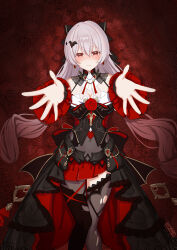 Rule 34 | 1girl, absurdres, bare shoulders, bat hair ornament, black dress, black thighhighs, blush, bow, breasts, chinese commentary, cleavage, closed mouth, commentary request, detached sleeves, dress, earrings, feet out of frame, flower, grey hair, hair between eyes, hair ornament, heart, highres, honkai (series), honkai impact 3rd, jewelry, long hair, looking at viewer, theresa apocalypse (luna kindred), lying, on back, orangewalker, outstretched arms, reaching, reaching towards viewer, red background, red eyes, red flower, red rose, rose, skirt, smile, solo, theresa apocalypse, theresa apocalypse (lunar vow: crimson love), thighhighs, torn clothes, twintails, very long hair, white hair