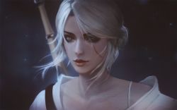 Rule 34 | 1girl, ciri, female focus, gradient background, green eyes, lips, looking at viewer, parted lips, raikoart, realistic, scar, short hair, silver hair, solo, sword, the witcher (series), the witcher 3, upper body, weapon