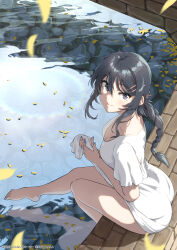 Rule 34 | 1girl, ass, black hair, blue eyes, braid, breasts, cleavage, closed mouth, clothes pull, dress, dress pull, feet, hair ornament, hairclip, highres, large breasts, light smile, long hair, looking at viewer, looking to the side, pond, pulling own clothes, rabbit hair ornament, raiz art works, reflection, reflective water, sakurajima mai, seishun buta yarou, stone floor, thighs, twitter username, water, white dress