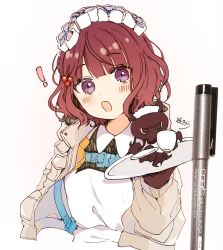 Rule 34 | !, 1girl, :o, animal, apron, art tools in frame, black dress, blush stickers, brown gloves, brown hair, brown jacket, collared dress, cropped torso, cup, dress, fate/grand order, fate (series), gloves, hair ornament, hand up, head tilt, highres, holding, holding cup, holding saucer, holding tray, jacket, katsushika hokusai (fate), katsushika hokusai (festival outfit) (fate), long sleeves, looking at viewer, maid headdress, octopus, official alternate costume, open clothes, open jacket, open mouth, photo (medium), purple eyes, saucer, signature, simple background, sofra, tokitarou (fate), traditional media, tray, upper body, white apron, white background