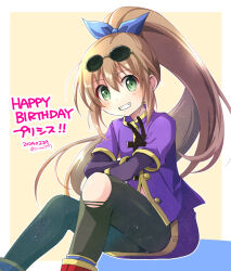 Rule 34 | 1girl, brown hair, dated, eyewear on head, feet out of frame, gloves, green eyes, happy birthday, long hair, looking at viewer, pantyhose, ponytail, precis neumann, skirt, smile, solo, star ocean, star ocean the second story, torn clothes, torn pantyhose, v, white background, zinan