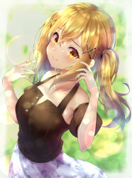 Rule 34 | 1girl, bang dream!, bare shoulders, black shirt, blonde hair, blush, breasts, collarbone, commentary request, cowboy shot, detached sleeves, hair between eyes, hair ornament, hair tie, hands up, highres, ichigaya arisa, long hair, looking at viewer, medium breasts, playing with own hair, puffy short sleeves, puffy sleeves, purple skirt, shirt, short sleeves, sidelocks, skirt, smile, solo, tenton (henatyo), twintails, x hair ornament, yellow eyes