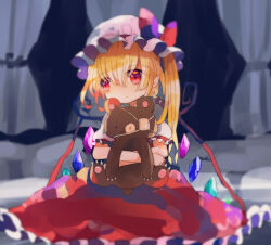 Rule 34 | 1girl, blonde hair, closed mouth, curtains, dark background, flandre scarlet, frilled skirt, frilled sleeves, frills, hair between eyes, hat, hat ribbon, head tilt, hiyuu (hiyualice), holding, holding stuffed toy, indoors, looking at viewer, medium hair, mob cap, multicolored wings, one side up, pointy ears, puffy short sleeves, puffy sleeves, red eyes, red ribbon, red skirt, red vest, ribbon, shirt, short sleeves, skirt, sleeve ribbon, solo, stuffed animal, stuffed toy, teddy bear, touhou, vest, white curtains, white hat, white shirt, wings