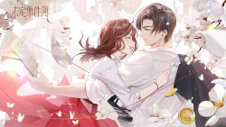 Rule 34 | 1boy, 1girl, :d, artem wing (tears of themis), black jacket, black necktie, blue eyes, brown hair, closed eyes, closed mouth, coin, earrings, flower, formal, highres, jacket, jewelry, long hair, long sleeves, necktie, official art, open mouth, paper, polo shirt, red skirt, rosa (tears of themis), rose, shirt, short hair, skirt, sleeves rolled up, smile, tears of themis, white flower, white rose, white shirt