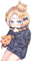 Rule 34 | 1girl, :o, abigail williams (fate), abigail williams (traveling outfit) (fate), absurdres, bad id, bad pixiv id, black bow, black jacket, blonde hair, blue eyes, blush, bow, commentary request, fate/grand order, fate (series), hair bow, hair bun, highres, jacket, long hair, long sleeves, looking at viewer, hugging object, official alternate costume, orange bow, parted bangs, parted lips, polka dot, polka dot bow, simple background, single hair bun, sitting, sleeves past fingers, sleeves past wrists, solo, stuffed animal, stuffed toy, teddy bear, white background, zongren