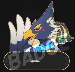 Rule 34 | 1boy, arijuno, beak, bird boy, black background, blue fur, blue hair, blue scarf, blush stickers, body fur, braid, character name, english text, from side, furry, furry male, green eyes, hair tie, hand up, happy, looking at viewer, male focus, nintendo, open mouth, outline, portrait, profile, quad tails, revali, rito, scarf, short hair, simple background, smile, solo, talking, the legend of zelda, the legend of zelda: breath of the wild, two-tone fur, watermark, white fur, winged arms, wings, yellow outline