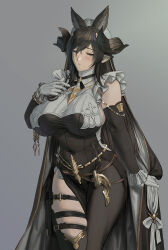 Rule 34 | 1girl, animal ears, breasts, brown hair, closed eyes, galleon (granblue fantasy), granblue fantasy, highres, huge breasts, jeneral, long hair, pouch, solo, thigh pouch