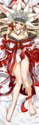 Rule 34 | 1girl, animal ear fluff, animal ears, bare legs, bare shoulders, barefoot, blonde hair, bow, breasts, claws, cleavage, colored skin, crown, dakimakura (medium), detached collar, extra ears, eyeshadow, fangs, fate/grand order, fate (series), fox ears, fox girl, fox shadow puppet, fox tail, full body, fur-trimmed kimono, fur trim, gluteal fold, grin, hand up, highres, japanese clothes, kimono, koyanskaya (fate), koyanskaya (lostbelt beast:iv) (fate), large breasts, legs, long hair, looking at viewer, lying, makeup, multicolored skin, multiple tails, ofuda, on back, open mouth, red bow, red eyeshadow, red ribbon, red rope, red skin, ribbon, ribbon-trimmed sleeves, ribbon trim, rkp, rope, rope belt, shiny skin, short kimono, signature, smile, solo, tail, tamamo (fate), thigh gap, toes, two-tone skin, white kimono, yellow eyes