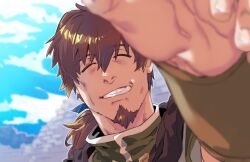 Rule 34 | 1boy, bags under eyes, black cape, blue ribbon, blue sky, blurry, bracer, brown hair, cape, cheekbones, closed eyes, cloud, cloudy sky, depth of field, facial hair, facing viewer, fate/grand order, fate (series), fingernails, foreshortening, goatee, green shirt, grin, hair between eyes, hector (fate), imoda, incoming headpat, male focus, outdoors, ponytail, pov, ribbon, shirt, sky, smile, solo