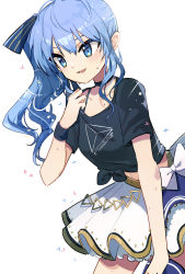 Rule 34 | 1girl, :d, black choker, black shirt, blue bow, blue eyes, blue hair, blue thighhighs, bow, choker, collarbone, eyebrows hidden by hair, front-tie top, hair between eyes, hair bow, hand up, hololive, hololive idol uniform, hoshimachi suisei, long hair, looking away, midriff, navel, open mouth, pleated skirt, shadowsinking, shirt, side ponytail, simple background, single thighhigh, skirt, smile, solo, star (symbol), star in eye, striped, striped bow, sweat, sweatband, symbol in eye, thighhighs, tied shirt, virtual youtuber, white background, white skirt, wristband