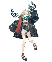 Rule 34 | 1girl, :d, breasts, full body, green eyes, horns, jacket, ji no, little match girl (sinoalice), looking at viewer, molotov cocktail, official art, open mouth, oversized clothes, platform footwear, red eyes, scarf, single horn, sinoalice, sleeves past wrists, small breasts, smile, solo, teeth, transparent background, upper teeth only