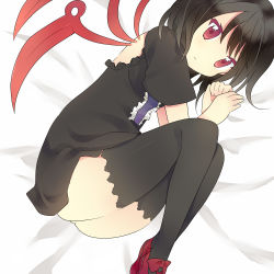 Rule 34 | 1girl, ass, back, bad id, bad pixiv id, bare back, black hair, black thighhighs, colored eyelashes, eyelashes, female focus, fetal position, from above, houjuu nue, ika, lying, no nose, no panties, on side, red eyes, short hair, solo, thighhighs, thighs, touhou, tsurime, wings, zettai ryouiki