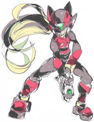 Rule 34 | 1boy, android, armor, blonde hair, boots, capcom, energy gun, enpe, forehead jewel, full body, green eyes, helmet, holding, holding weapon, inti creates, long hair, looking at viewer, male focus, mega man (series), mega man zero (series), red armor, red footwear, red helmet, simple background, solo, standing, weapon, white background, zero(z) (mega man), zero (mega man)