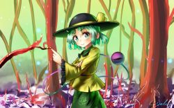 Rule 34 | 1girl, blouse, floral print, forest, frilled sleeves, frills, green eyes, green hair, hand on own arm, hat, hat ribbon, head tilt, index finger raised, komeiji koishi, light particles, looking at viewer, matching hair/eyes, nature, ribbon, rose print, shirt, short hair, signature, skirt, smile, solo, third eye, touhou, welt (kinsei koutenkyoku), wide sleeves
