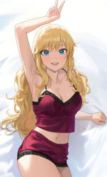 Rule 34 | 1girl, arm up, armpits, bare shoulders, blonde hair, blue eyes, blush, breasts, camisole, cleavage, collarbone, highres, idolmaster, idolmaster cinderella girls, large breasts, long hair, looking at viewer, navel, nhaliz, ohtsuki yui, open mouth, purple camisole, purple shorts, short shorts, shorts, smile, solo, thighs, wavy hair