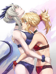 Rule 34 | 2girls, artoria pendragon (fate), artoria pendragon (lancer alter) (fate), bare shoulders, blonde hair, blush, bra, braid, breasts, choker, fate/grand order, fate (series), green eyes, grey hair, hand on another&#039;s head, headpat, highres, horns, hug, large breasts, long hair, mordred (fate), mordred (fate/apocrypha), mother and daughter, multiple girls, panties, parted bangs, ponytail, scrunchie, sidelocks, small breasts, tail, tonee, underwear, underwear only, wrist scrunchie, yellow eyes