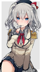 Rule 34 | 10s, 1girl, bad id, bad pixiv id, blue eyes, blush, commentary request, epaulettes, gloves, grey background, grey hair, highres, ikeuchi tanuma, kantai collection, kashima (kancolle), long hair, long sleeves, looking at viewer, military, military uniform, mouth hold, neckerchief, sketch, smile, solo, two side up, uniform