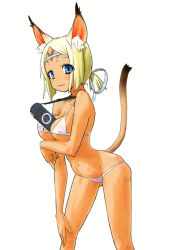 Rule 34 | 00s, 1girl, animal ear fluff, animal ears, bikini, cat ears, cat girl, final fantasy, final fantasy xi, handheld game console, mithra (ff11), playstation portable, product placement, solo, swimsuit