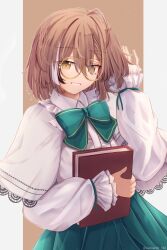 Rule 34 | 1girl, ahoge, bespectacled, book, brown eyes, brown hair, capelet, dress shirt, frilled sleeves, frills, glasses, green ribbon, green skirt, grin, highres, holding, holding book, hololive, hololive english, leonardo 566, long sleeves, looking at viewer, multicolored hair, nanashi mumei, official alternate costume, official alternate hairstyle, pleated skirt, ribbon, round eyewear, shirt, skirt, smile, streaked hair, virtual youtuber, white capelet, white shirt