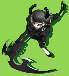 1girl black_dress black_hair black_horns black_leggings black_rock_shooter dead_master dress green_background green_eyes high_heels highres horns leggings li01m4jte7qiakj nintendo scythe solo splatoon_(series)