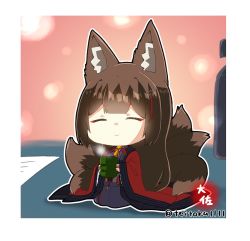 Rule 34 | 1girl, ^ ^, amagi (azur lane), animal ears, azur lane, blunt bangs, brown hair, chibi, closed eyes, commentary request, cup, desk, eyeshadow, fox ears, fox girl, fox tail, hair between eyes, hair ornament, holding, holding cup, japanese clothes, kitsune, kyuubi, long hair, long sleeves, looking at viewer, makeup, mini person, minigirl, multiple tails, obi, paper, sash, seiza, sidelocks, sitting, smile, solo, steam, tail, taisa (kari), thick eyebrows, wide sleeves, yunomi
