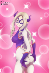 Rule 34 | 10s, 1girl, absurdres, artist name, ass, blonde hair, bodysuit, boku no hero academia, breasts, closed mouth, domino mask, gloves, hands on own ass, happy, highres, horns, keihh, large breasts, long hair, looking at viewer, looking back, mask, mount lady, one eye closed, purple eyes, smile, solo, standing, thighs, wink