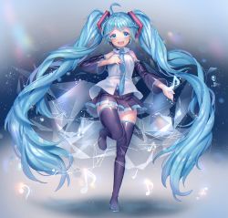 Rule 34 | 1girl, :d, absurdly long hair, absurdres, ahoge, aqua eyes, aqua hair, boots, detached sleeves, full body, hand on own chest, hatsune miku, headset, highres, komadori ui, long hair, looking at viewer, musical note, necktie, open mouth, skirt, smile, solo, standing, standing on one leg, thigh boots, thighhighs, twintails, very long hair, vocaloid