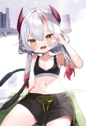 Rule 34 | 1girl, bare arms, bare shoulders, black shorts, demon girl, demon horns, fangs, flat chest, gradient hair, highres, horns, looking at viewer, multicolored hair, navel, noi mine, original, red hair, red horns, shorts, silver hair, sitting, solo, sports bra, sportswear, stomach, yellow eyes