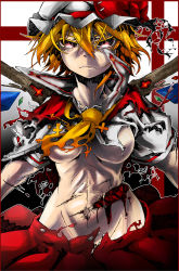 Rule 34 | 1girl, anba saa, ascot, blonde hair, blood, breasts, cross, deep wound, female focus, flandre scarlet, guro, hat, highres, injury, nakamakikun, aged up, popped collar, red eyes, scar, short hair, solo, torn clothes, touhou, underboob, wings
