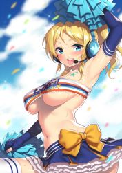 Rule 34 | 1girl, arm up, armpits, ayase eli, bandeau, blonde hair, blue eyes, blue sky, blush, bow, breasts, cheerleader, clothes writing, confetti, day, elbow gloves, fingerless gloves, frilled skirt, frills, fuya (tempupupu), gloves, headset, large breasts, long hair, looking at viewer, love live!, love live! school idol project, midriff, navel, open mouth, outdoors, pom pom (cheerleading), ponytail, scrunchie, shiny skin, skirt, sky, smile, solo, star (symbol), strapless, sweat, teeth, tongue, tube top, underboob
