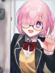 Rule 34 | 1girl, black-framed eyewear, black jacket, bow, bowtie, collared shirt, commentary request, door, fate/grand order, fate (series), glasses, hair over one eye, harukappa, highres, jacket, long sleeves, looking at viewer, mash kyrielight, mash kyrielight (spring&#039;s new master), official alternate costume, one eye covered, open clothes, open jacket, open mouth, pink hair, purple eyes, red bow, school uniform, shirt, short hair, smile, solo, teeth, uniform, upper body, upper teeth only, vest, white shirt, yellow vest