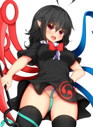 Rule 34 | &gt;:d, 1girl, :d, ahoge, asymmetrical wings, black dress, black hair, black thighhighs, blush, breasts, convenient censoring, daichi (tokoya), dress, female focus, highres, houjuu nue, lipstick, looking at viewer, makeup, medium breasts, medium hair, no panties, open mouth, pointy ears, red eyes, simple background, smile, snake, solo, thighhighs, thighs, touhou, tsurime, upskirt, v-shaped eyebrows, white background, wings