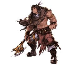 Rule 34 | 10s, 1boy, abs, axe, belt, boots, braid, brown eyes, brown hair, cape, dark skin, dark-skinned male, eso (granblue fantasy), facial mark, feathers, full body, granblue fantasy, headband, long hair, male focus, matching hair/eyes, minaba hideo, official art, topless male, solo, transparent background, twin braids, weapon